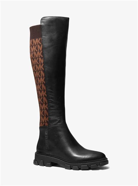 michael michael kors ridley leather and logo jacquard knee boot